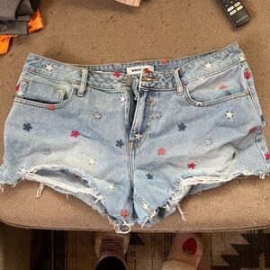 Vigoss Blue Jean Shorts with Distressed Hem and Embroidery